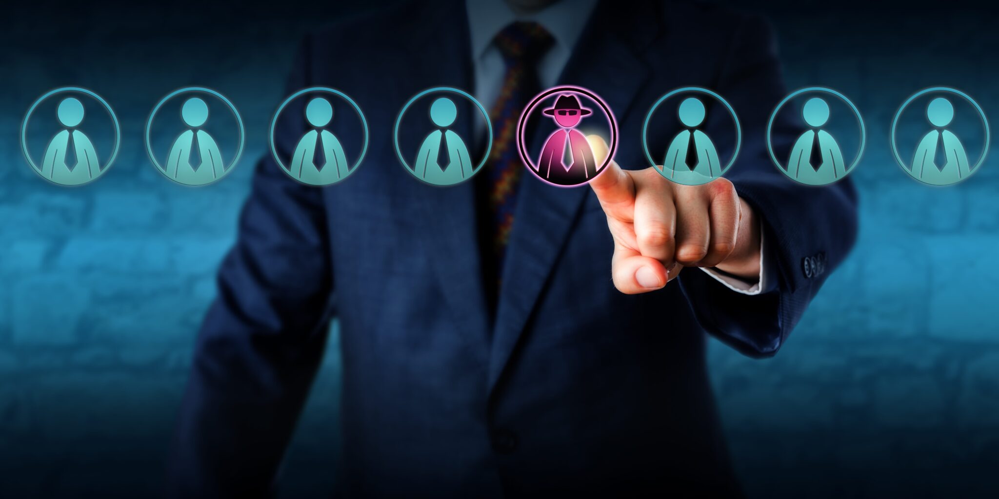 Corporate security manager identifies a potential insider threat in a line-up of white collar workers. Hacker or spy icon lights up purple. Cybersecurity and human resources challenge concept.