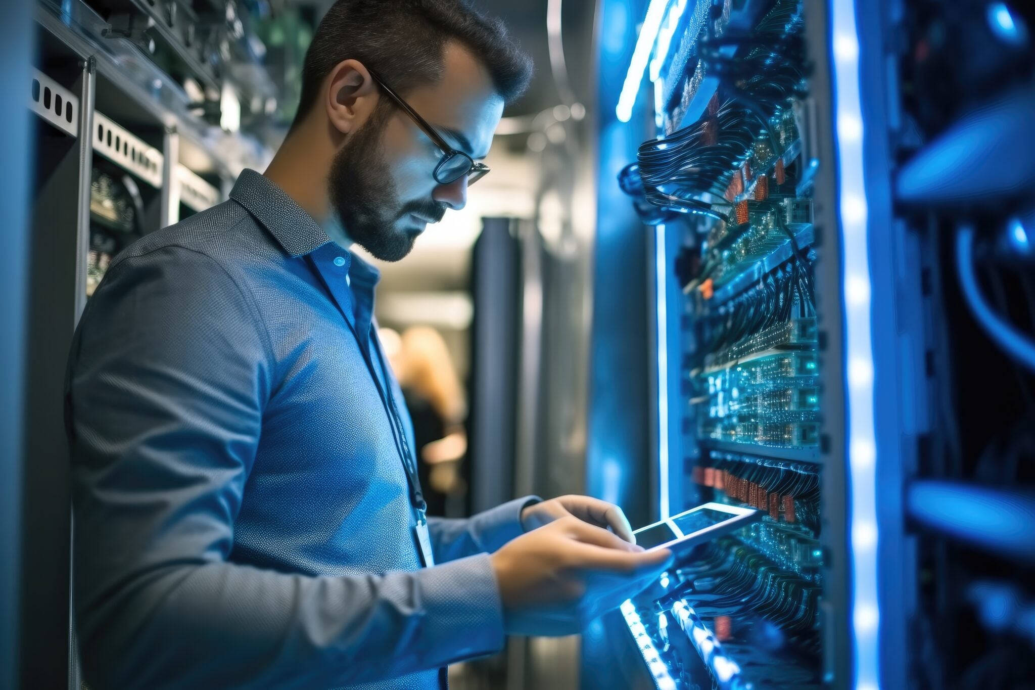 Cybersecurity professional working in a secure technical environment